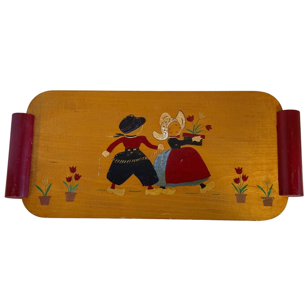 Vintage Hand Painted Wooden Dutch Boy and Girl Folk Art Serving Tray Wall Decor